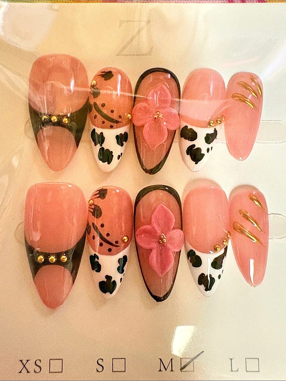 Pink & White Cow Print 3D Flower Press-On Nails Medium NWT